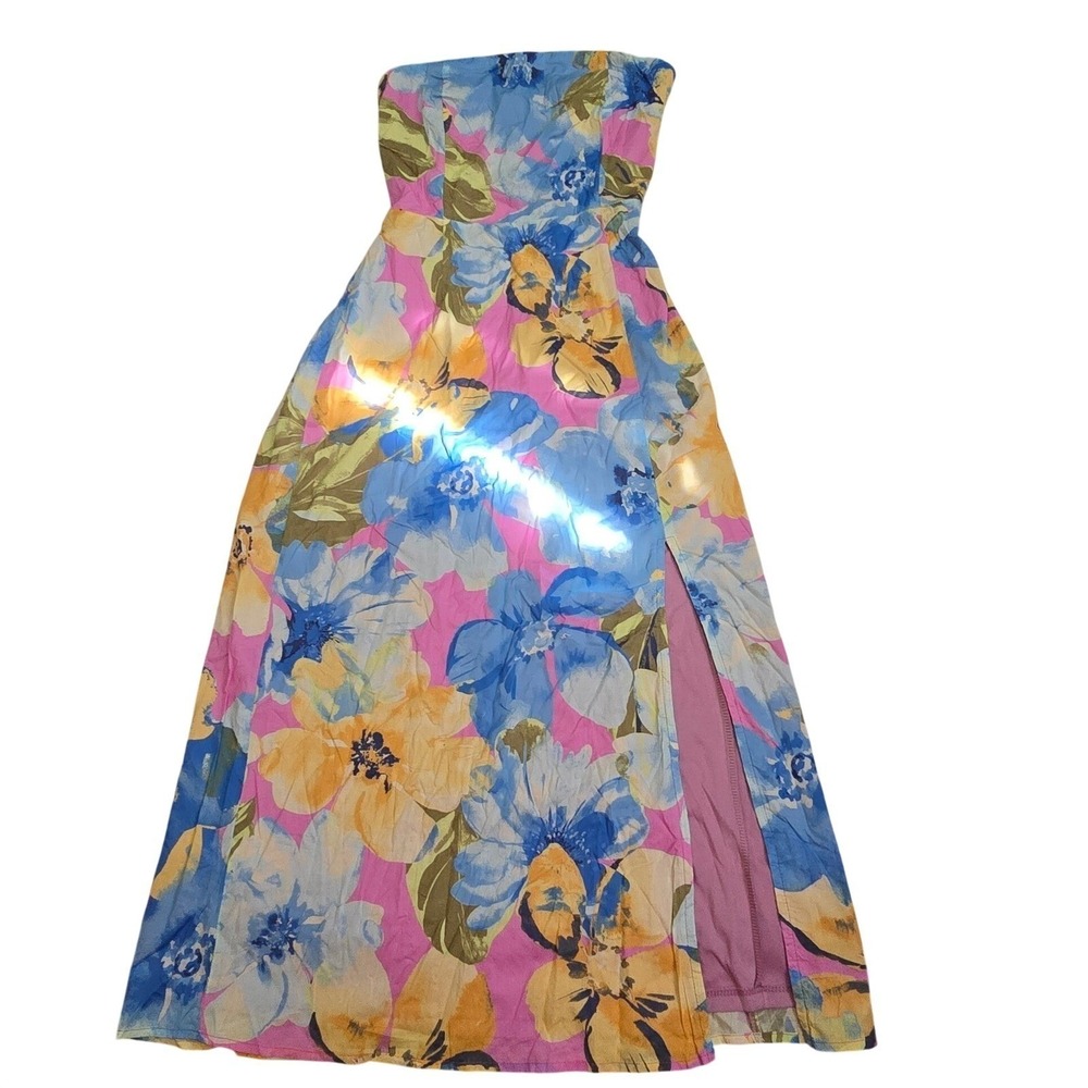 Lulus Strapless Floral Maxi Dress Pink Blue Smocked Back Cutout Slit S NWT - Picture 2 of 11